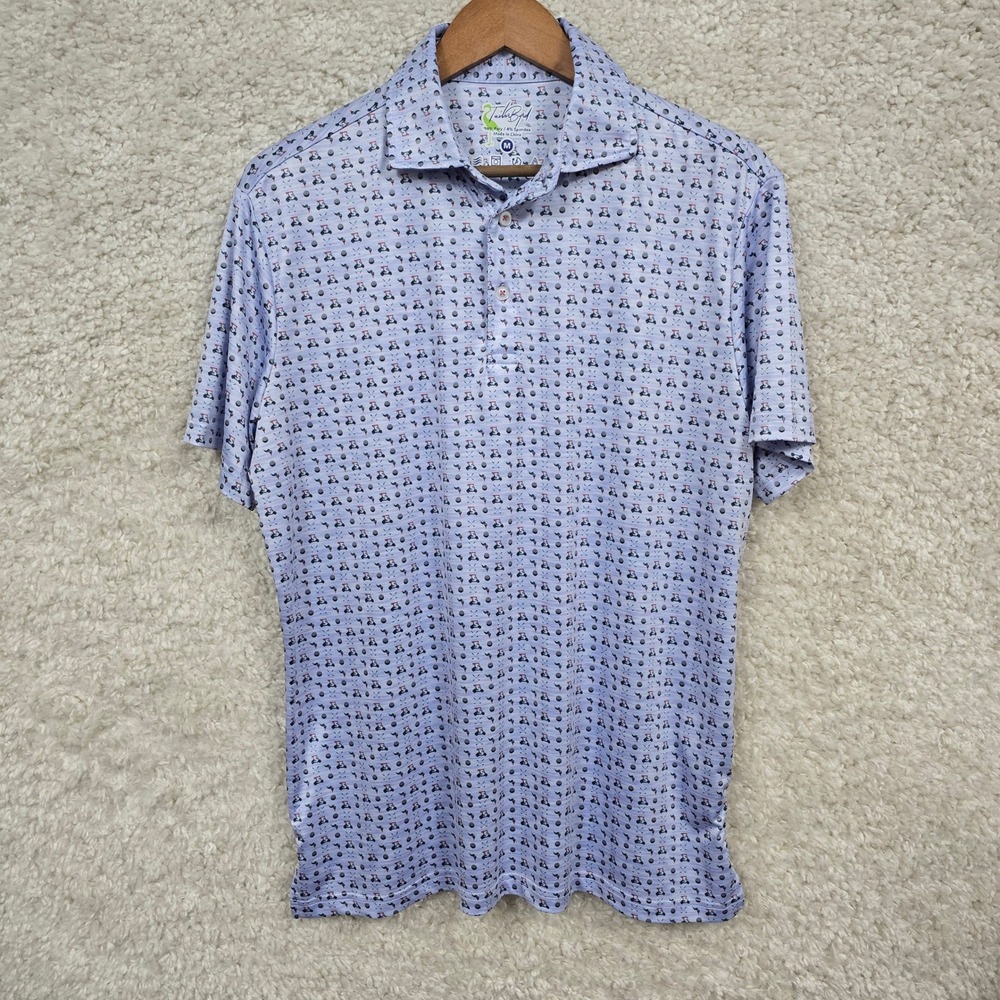 Tailor Byrd Golf Polo Shirt Mens Medium Blue Golf Cart Print Performance Preppy